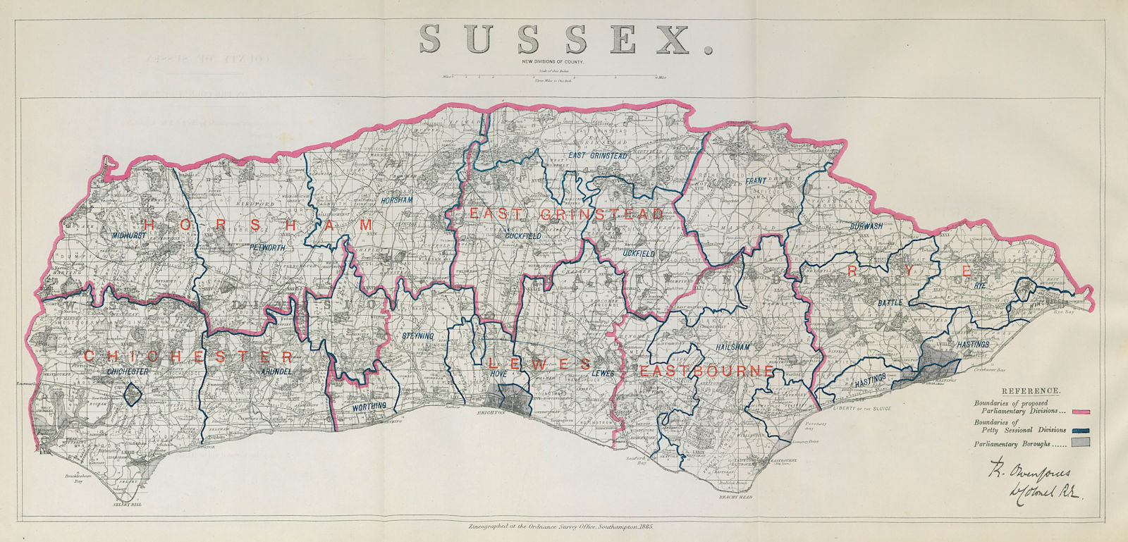 Sussex Parliamentary Divisions. Chichester Lewes. BOUNDARY COMMISSION 1885 map